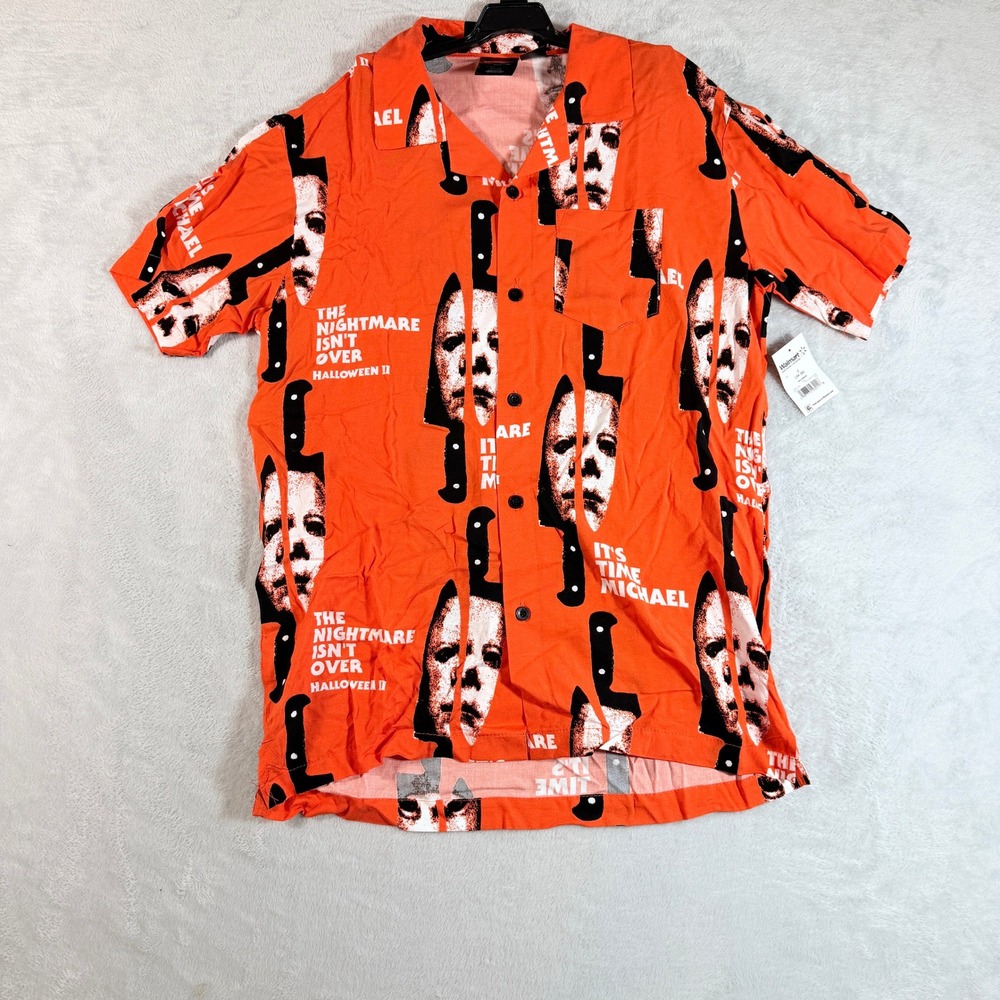 Halloween‎ II Michael Myers Men's Small Orange Button Up Shirt Graphic Rayon